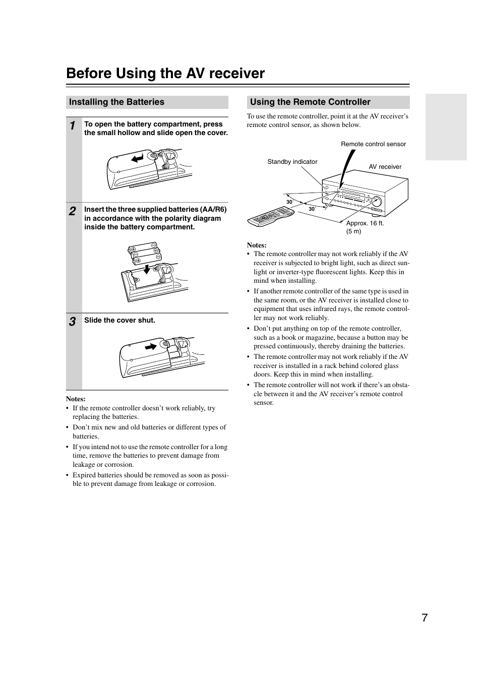 Before using the av receiver, Installing the batteries, Using the remote controller | Integra DTR-7.7 User Manual | Page 7 / 96