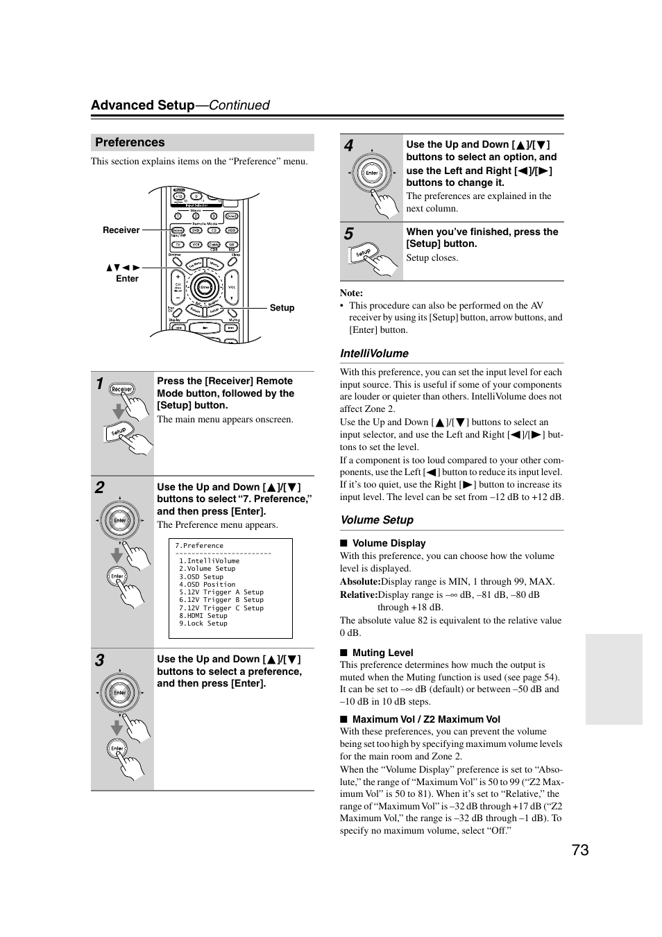 Preferences, P.73, Advanced setup —continued | Integra DTR-7.7 User Manual | Page 73 / 96