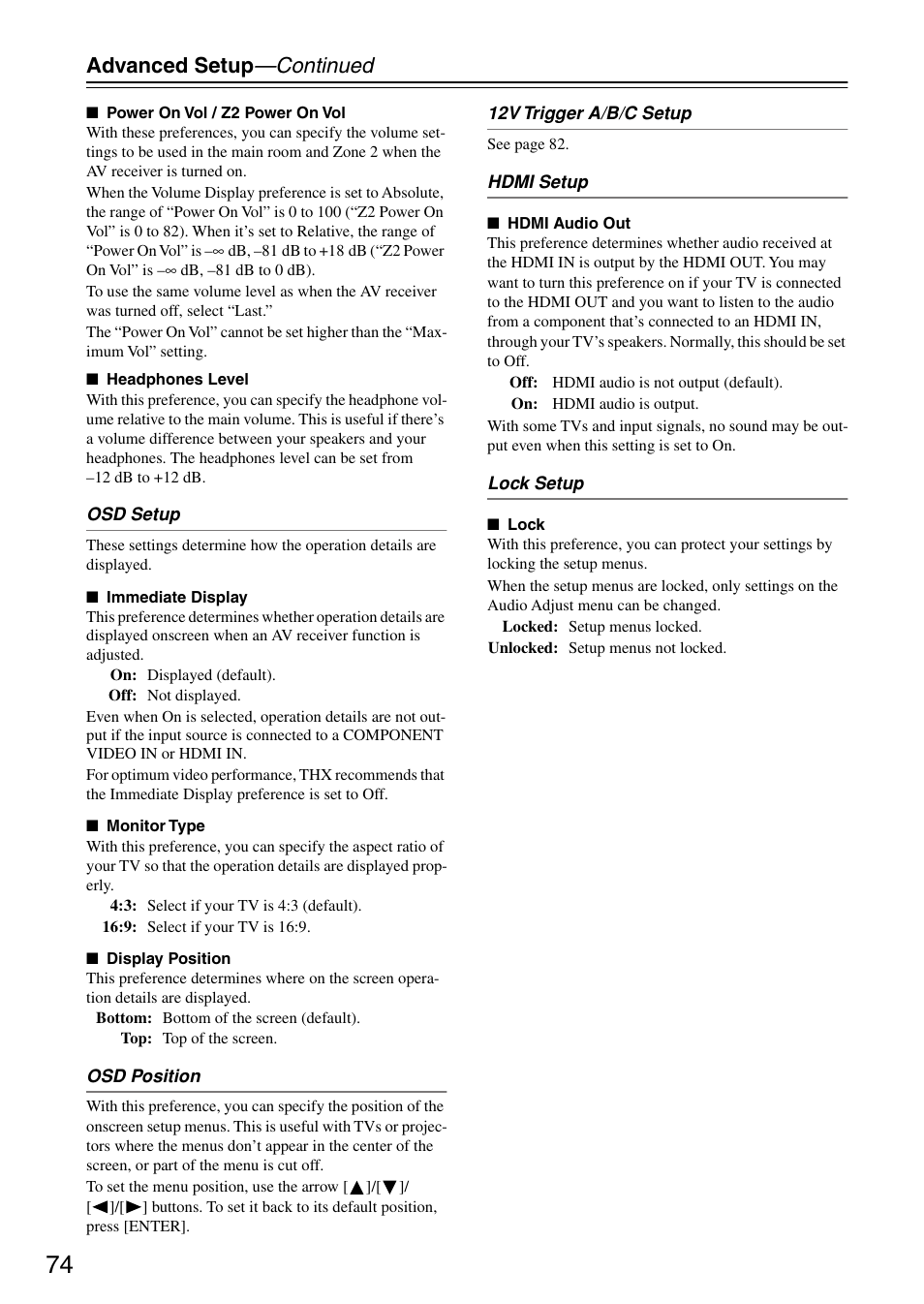 P.74, Advanced setup —continued | Integra DTR-7.7 User Manual | Page 74 / 96