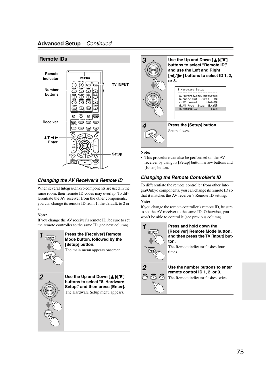 Remote ids, P.75, Advanced setup —continued | Integra DTR-7.7 User Manual | Page 75 / 96