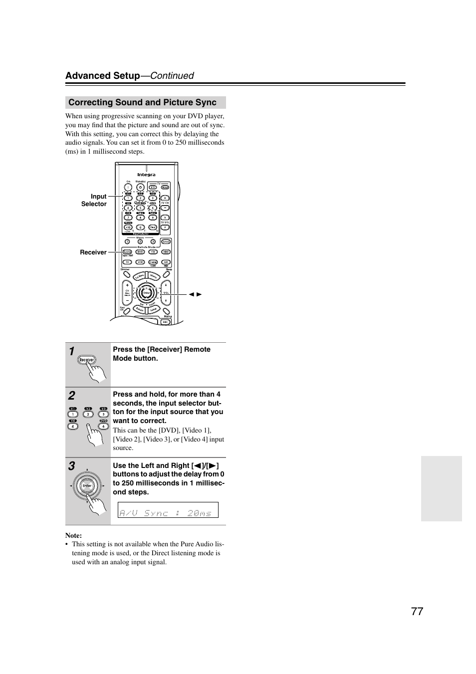 Correcting sound and picture sync | Integra DTR-7.7 User Manual | Page 77 / 96