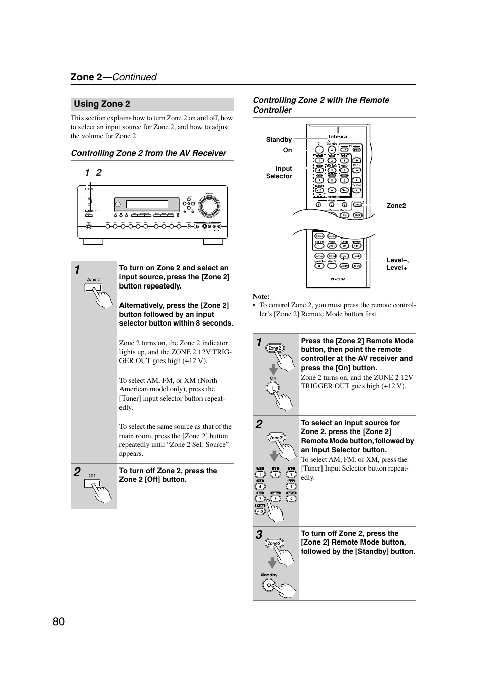Using zone 2, Zone 2 indicator (80), Uttons (80) | Utton (80) | Integra DTR-7.7 User Manual | Page 80 / 96