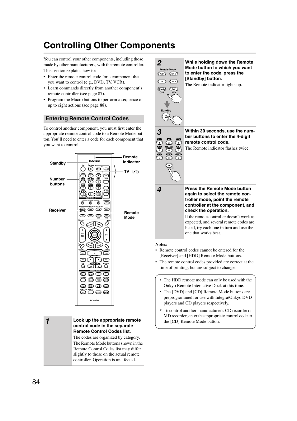 Controlling other components, Entering remote control codes | Integra DTR-7.7 User Manual | Page 84 / 96