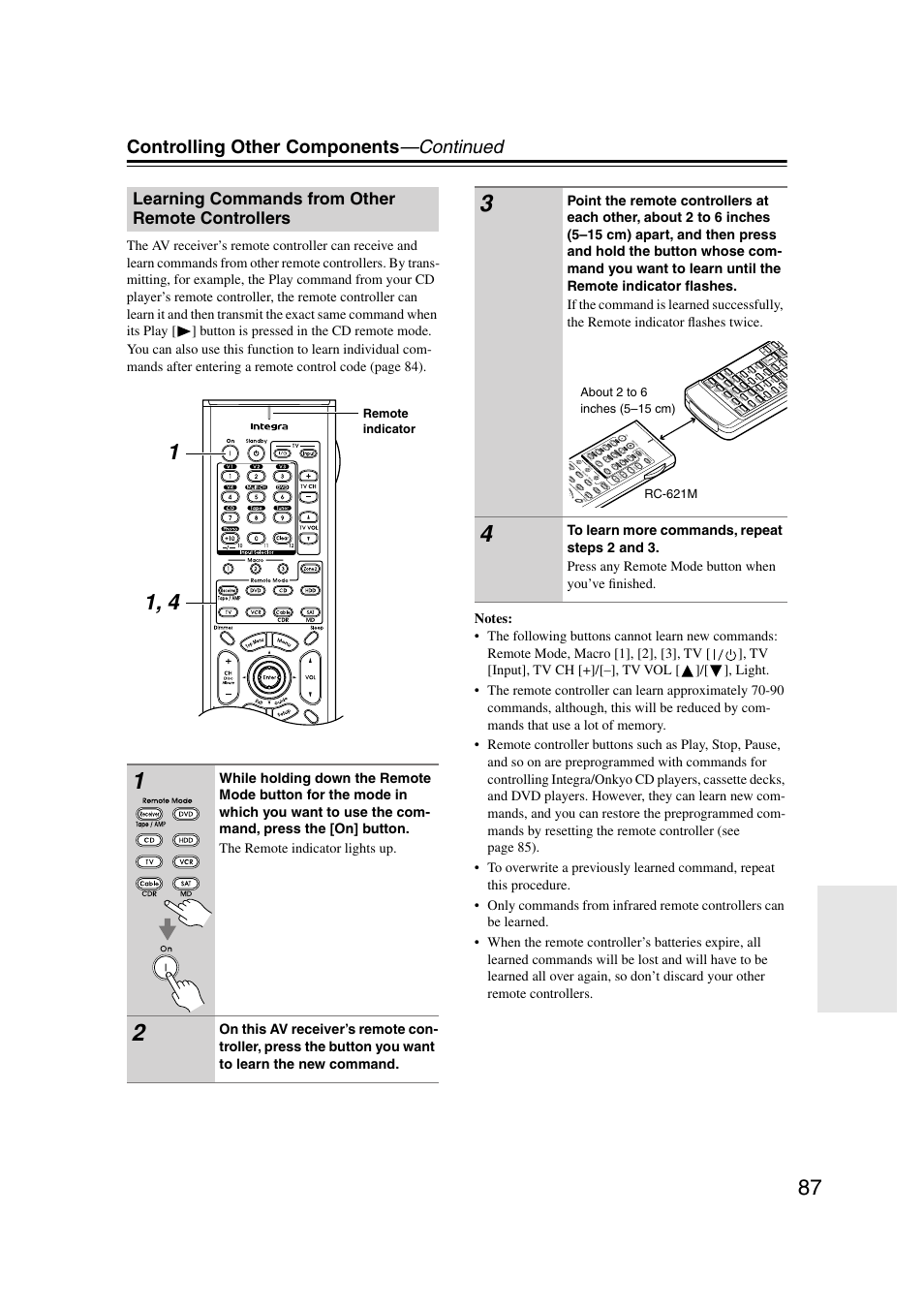 Learning commands from other remote controllers, Learning commands from other remote, Controllers | Controlling other components —continued, Remote indicator | Integra DTR-7.7 User Manual | Page 87 / 96