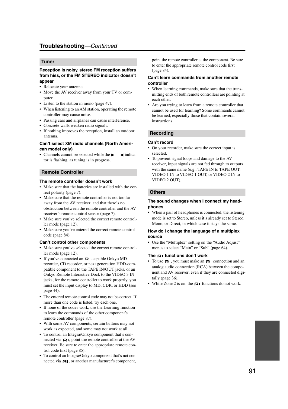 Troubleshooting —continued | Integra DTR-7.7 User Manual | Page 91 / 96