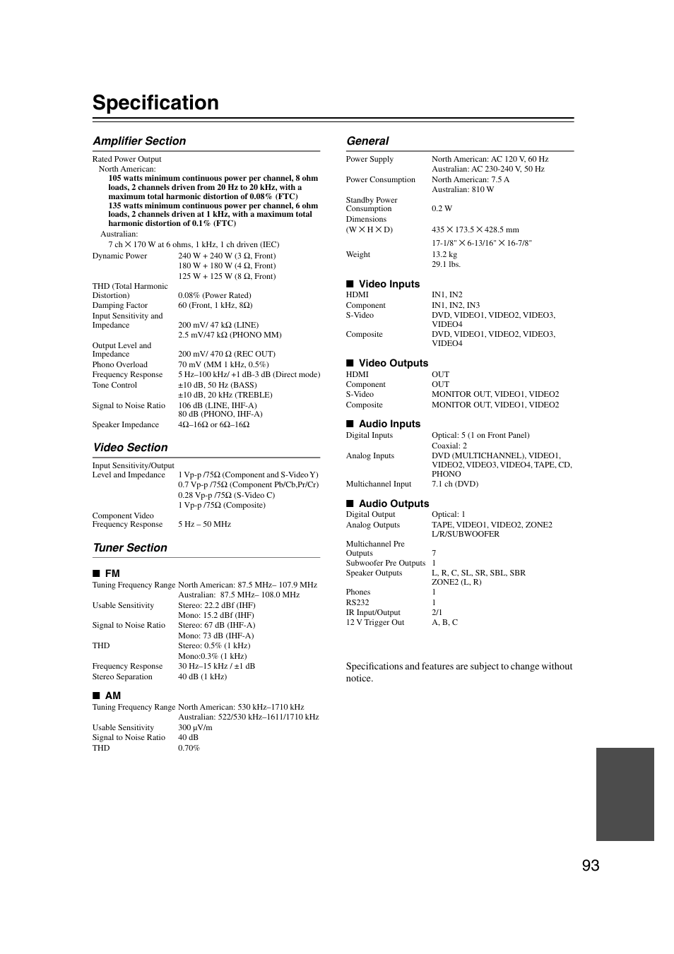 Specification | Integra DTR-7.7 User Manual | Page 93 / 96