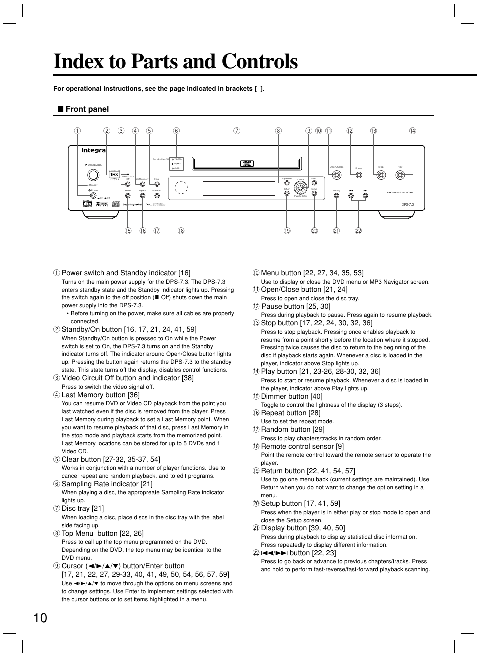Index to parts and controls, Front panel | Integra DPS-7.3 User Manual | Page 10 / 64