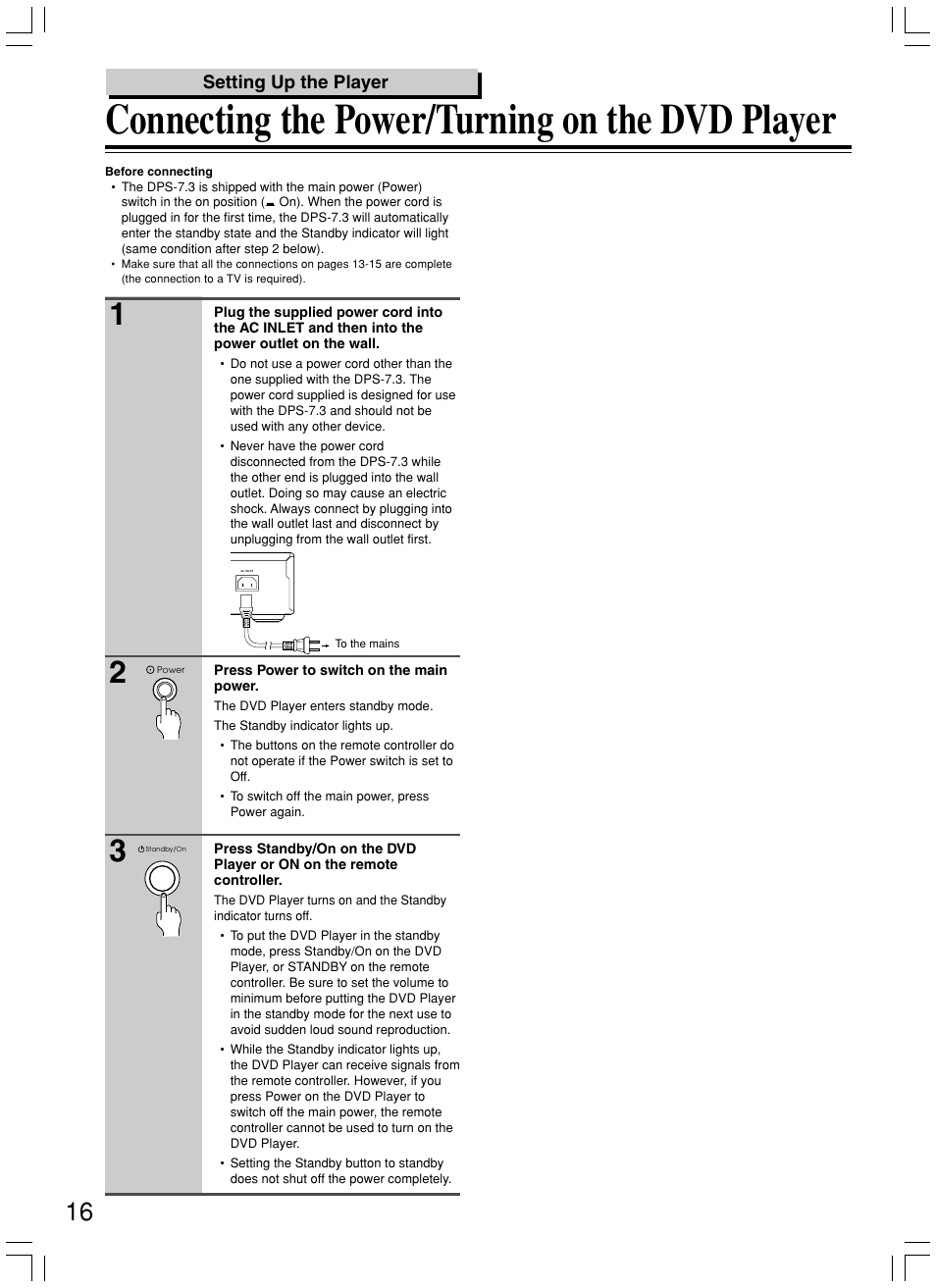Connecting the power/turning on the dvd player | Integra DPS-7.3 User Manual | Page 16 / 64