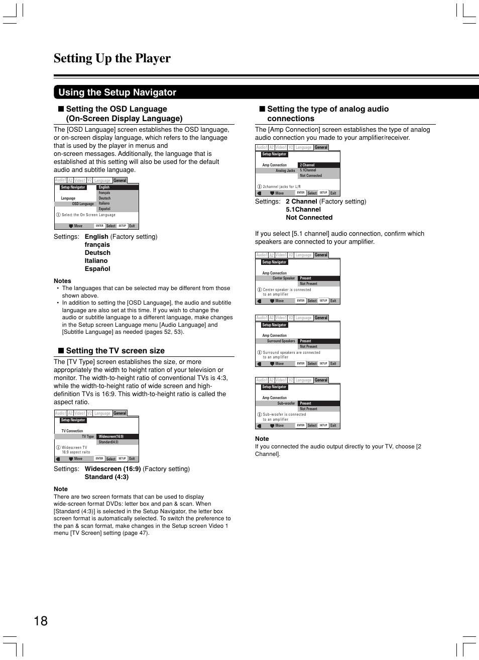 Setting up the player, Using the setup navigator, Setting the tv screen size | Setting the type of analog audio connections | Integra DPS-7.3 User Manual | Page 18 / 64