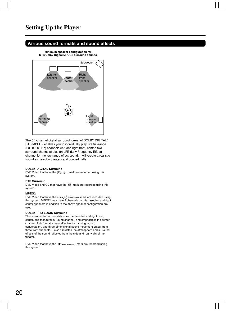 Setting up the player, Various sound formats and sound effects | Integra DPS-7.3 User Manual | Page 20 / 64