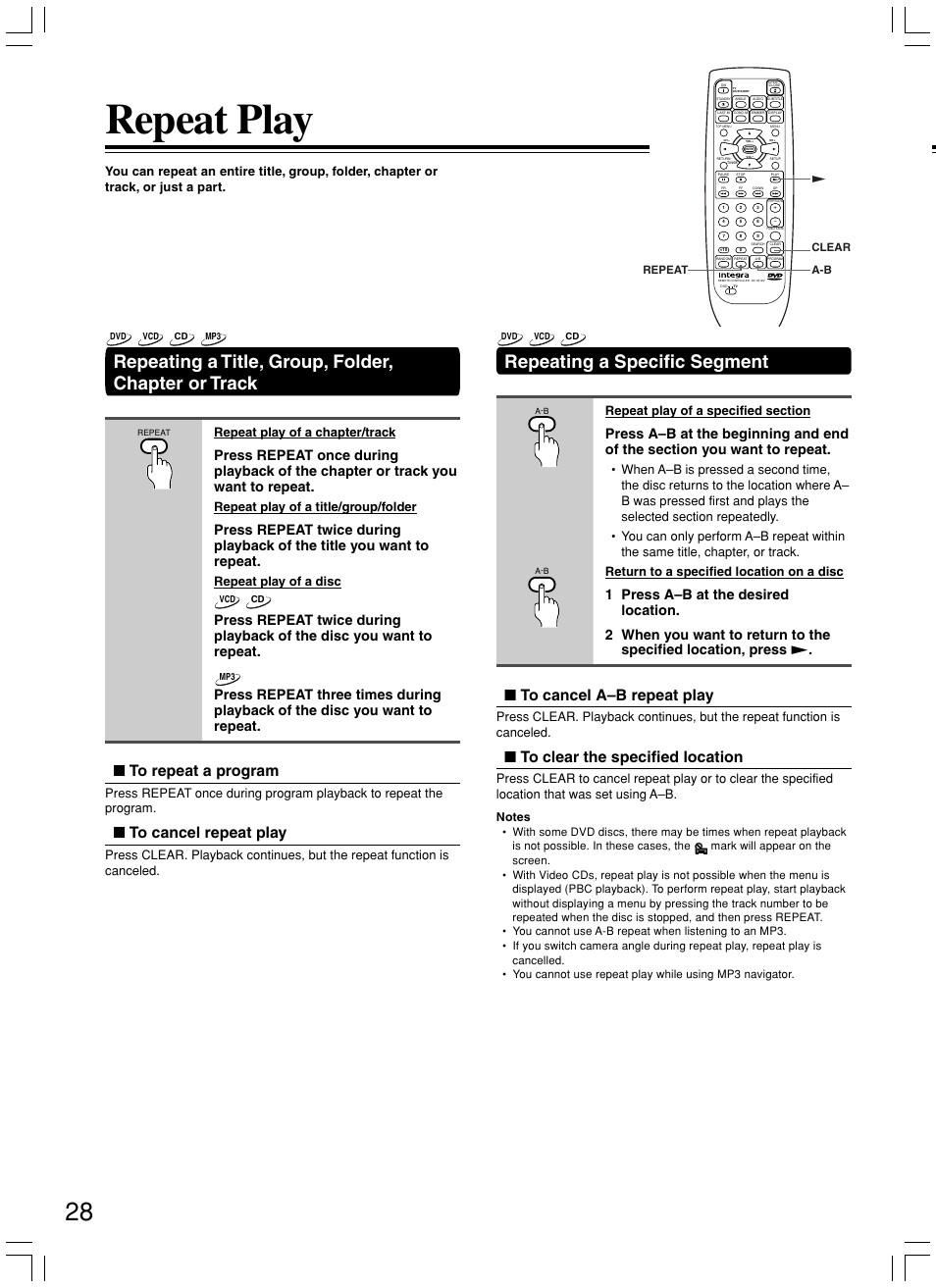 Repeat play, Repeating a title, group, folder, chapter or track, Repeating a specific segment | Repeat play of a chapter/track, Repeat play of a title/group/folder, Repeat play of a disc | Integra DPS-7.3 User Manual | Page 28 / 64