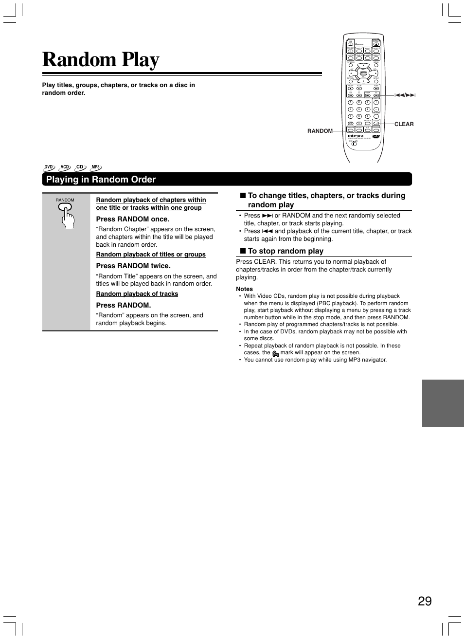 Random play, Playing in random order, Press random once | Press random twice, Press random, 4 / ¢ clear random | Integra DPS-7.3 User Manual | Page 29 / 64