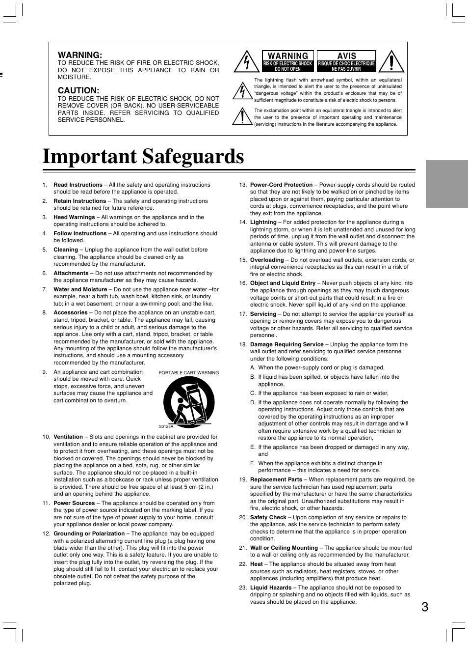 Important safeguards, Warning, Caution | Avis | Integra DPS-7.3 User Manual | Page 3 / 64