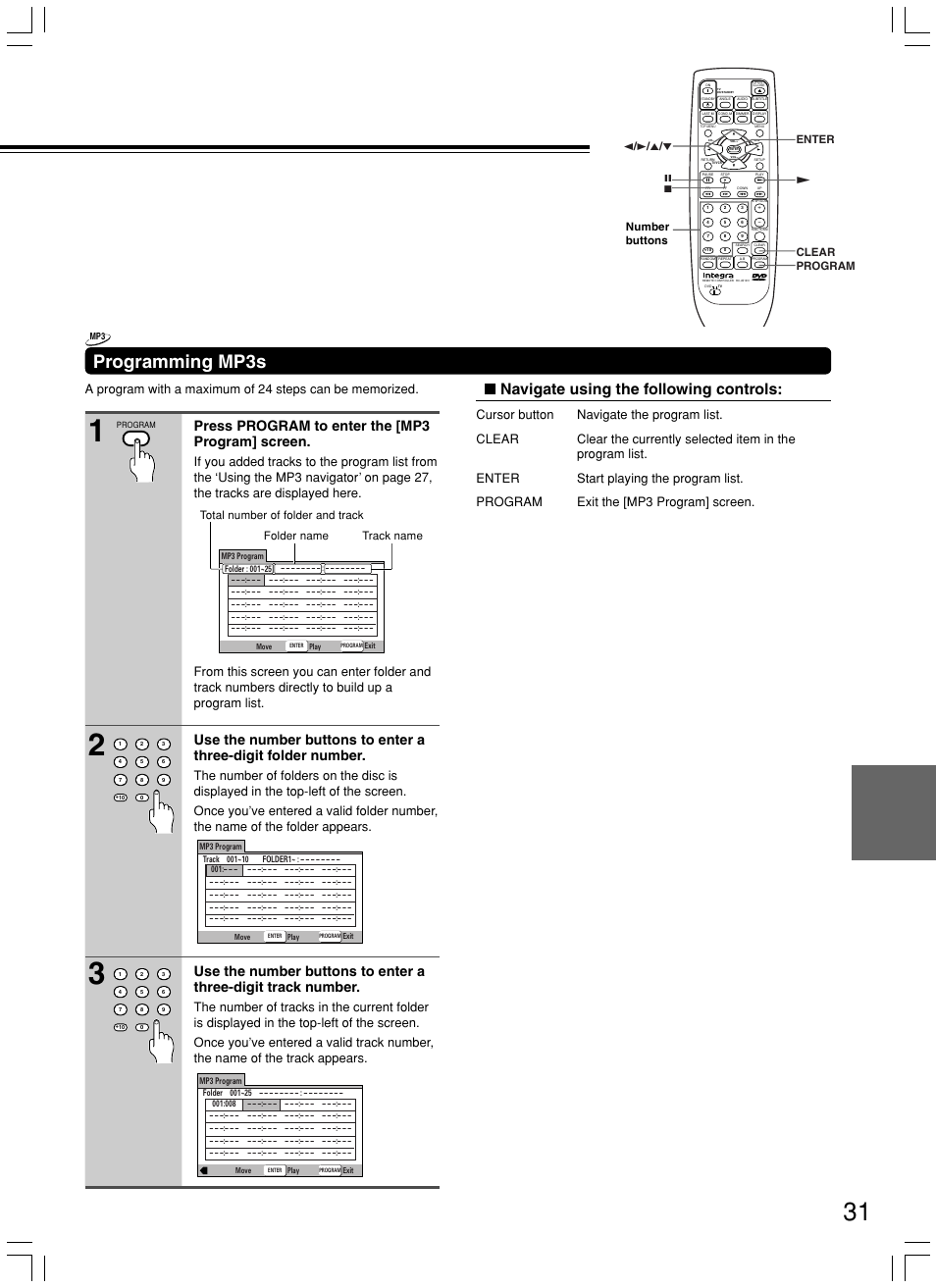 Programming mp3s, Navigate using the following controls, Press program to enter the [mp3 program] screen | Integra DPS-7.3 User Manual | Page 31 / 64