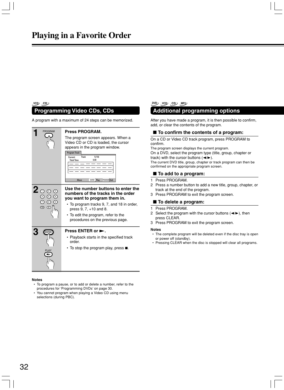 Playing in a favorite order, Programming video cds, cds, Additional programming options | Integra DPS-7.3 User Manual | Page 32 / 64