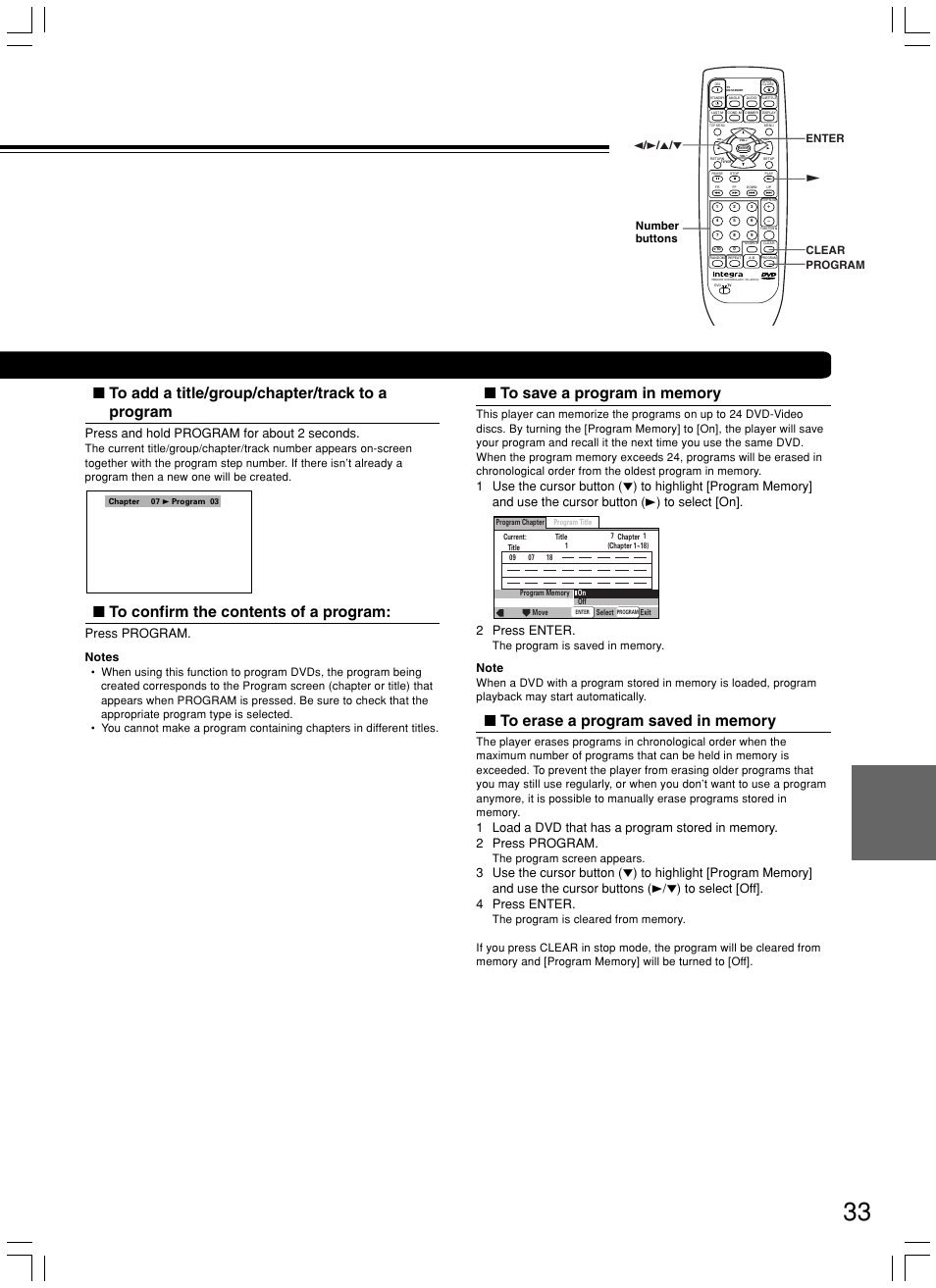 Press and hold program for about 2 seconds, Press program, 2 press enter | The program screen appears, 2 / 3 / 5 / ∞ £ clear enter program, Number buttons | Integra DPS-7.3 User Manual | Page 33 / 64
