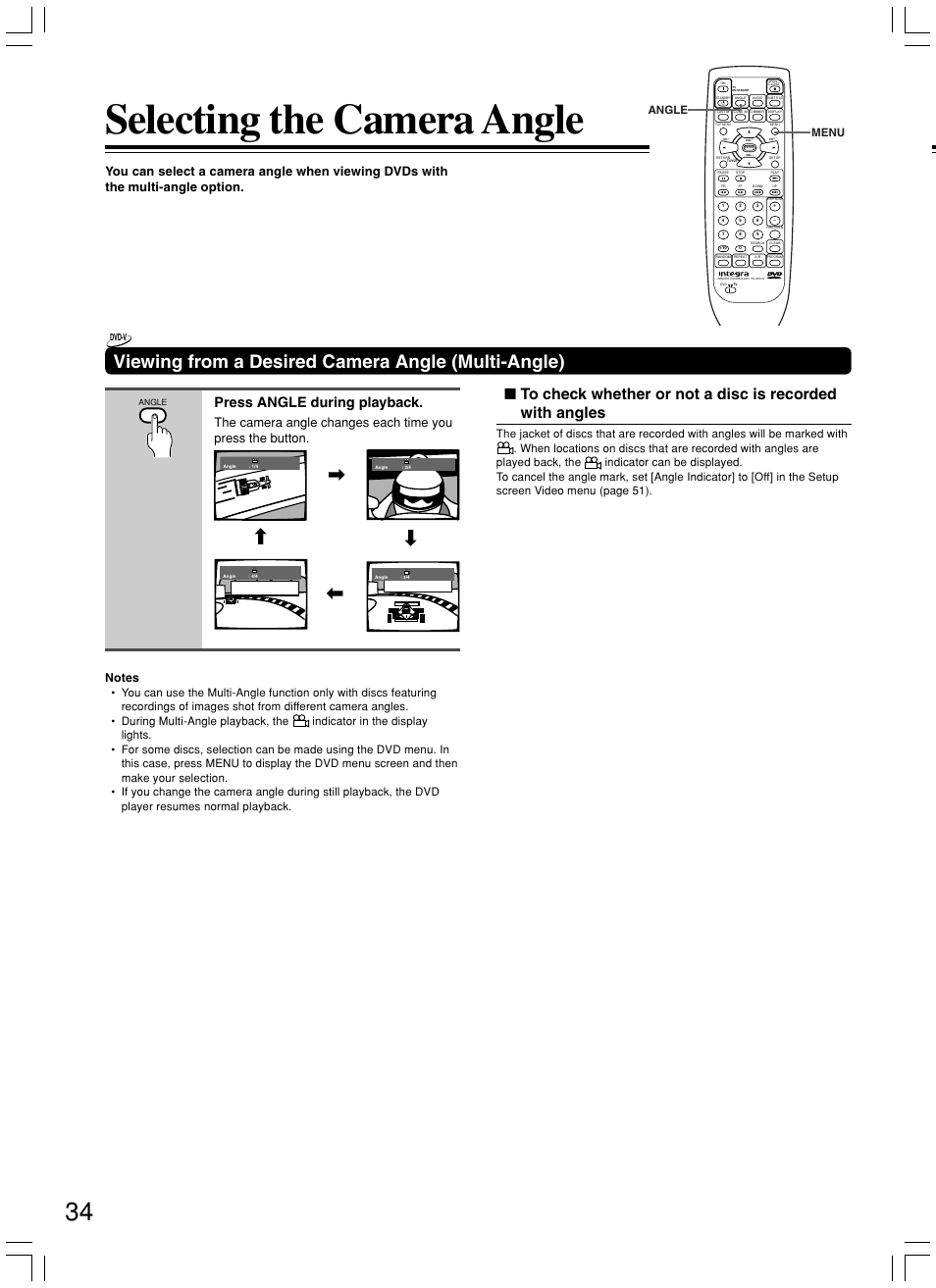 Selecting the camera angle, Viewing from a desired camera angle (multi-angle), Press angle during playback | Menu angle | Integra DPS-7.3 User Manual | Page 34 / 64
