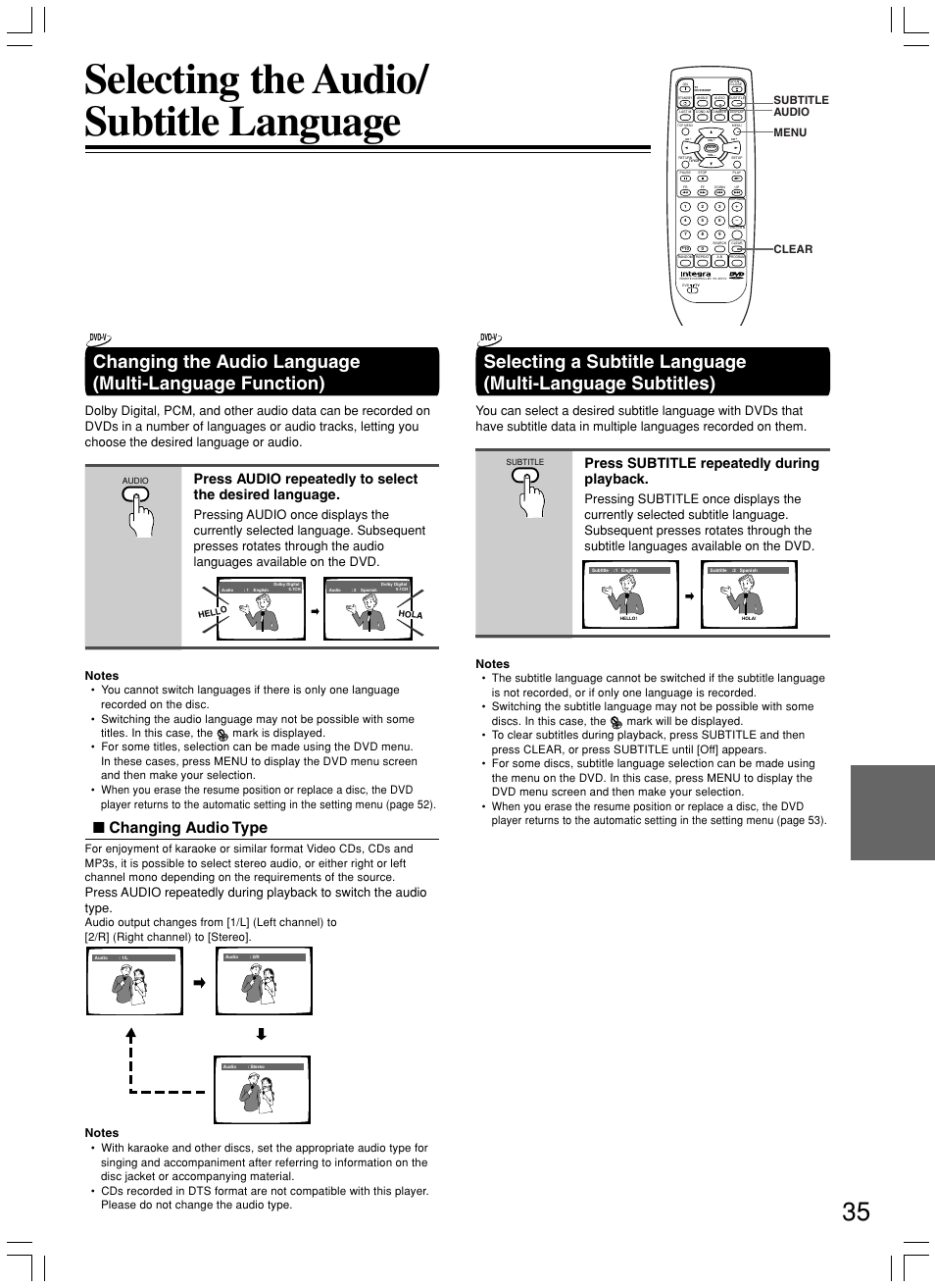Selecting the audio/ subtitle language, Changing audio type, Press subtitle repeatedly during playback | Subtitle audio menu clear | Integra DPS-7.3 User Manual | Page 35 / 64