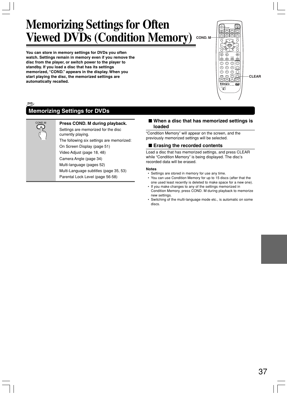 Erasing the recorded contents, Press cond. m during playback, Clear cond. m | Integra DPS-7.3 User Manual | Page 37 / 64
