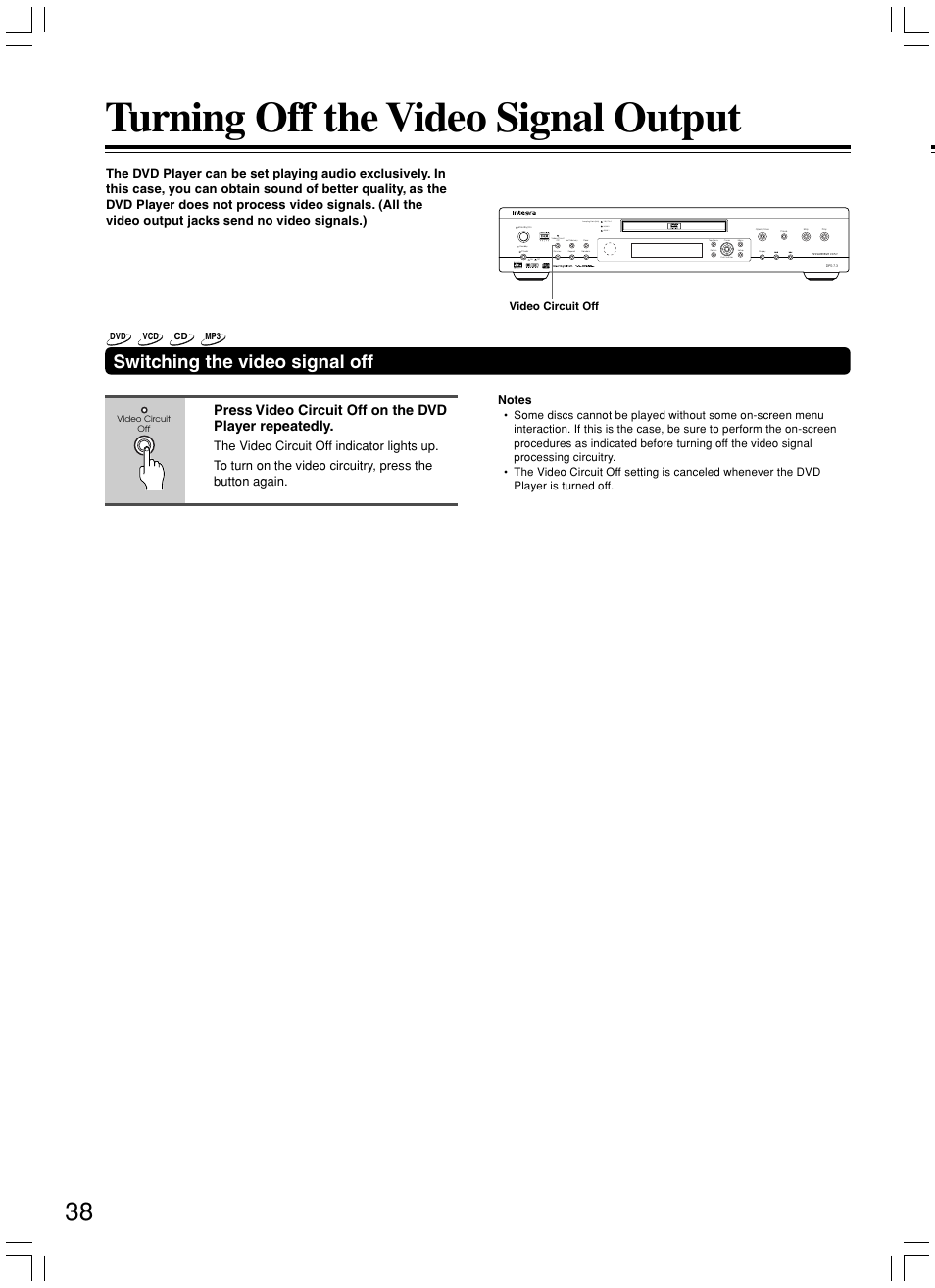 Turning off the video signal output, Switching the video signal off | Integra DPS-7.3 User Manual | Page 38 / 64