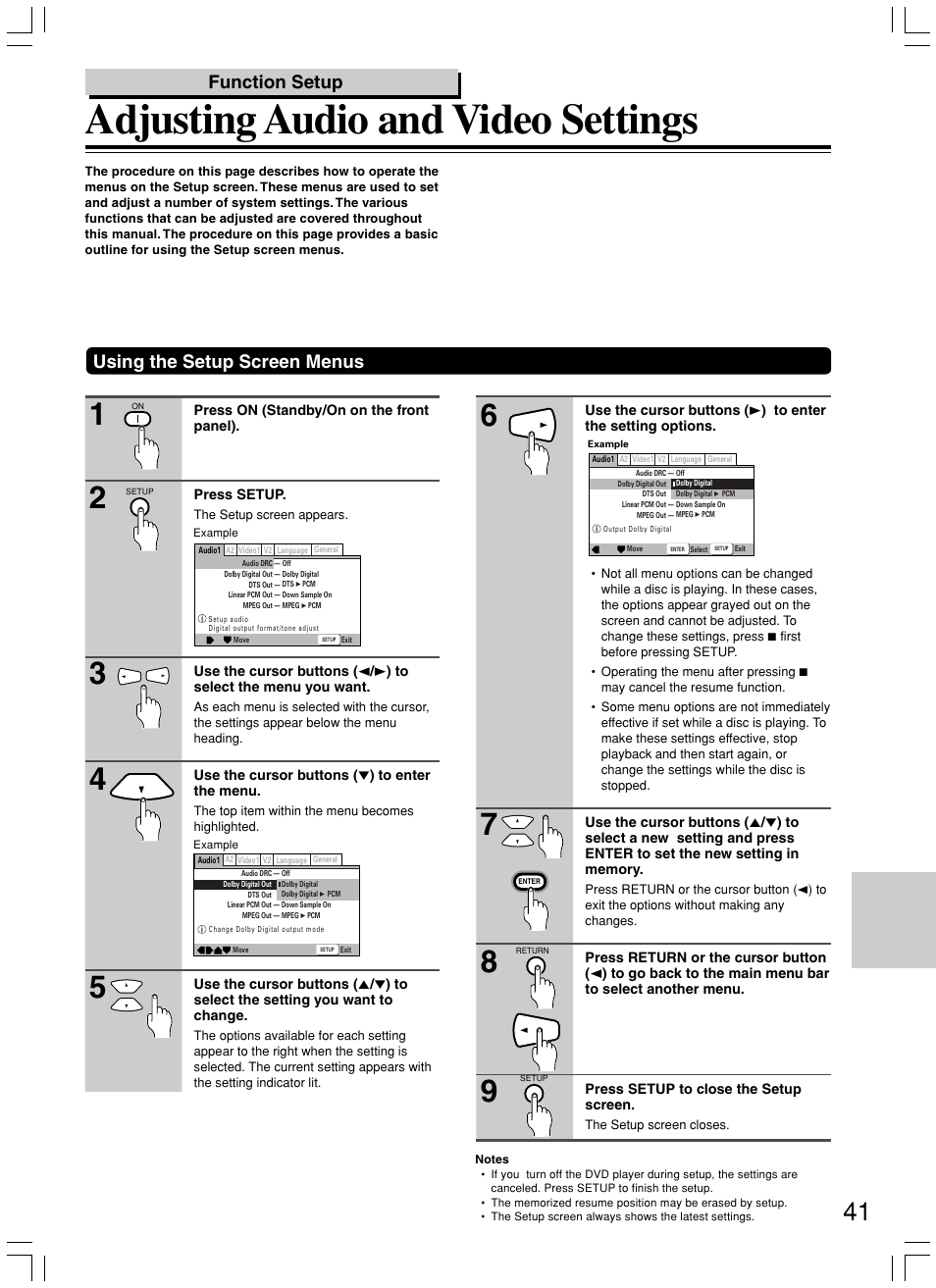 Adjusting audio and video settings, Using the setup screen menus, Function setup | Integra DPS-7.3 User Manual | Page 41 / 64