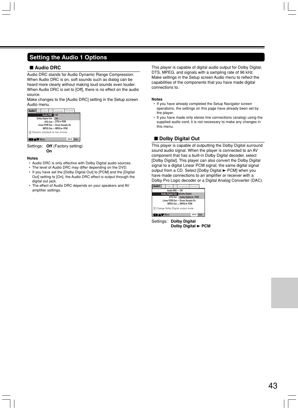 Setting the audio 1 options, Dolby digital out, Audio drc | Integra DPS-7.3 User Manual | Page 43 / 64
