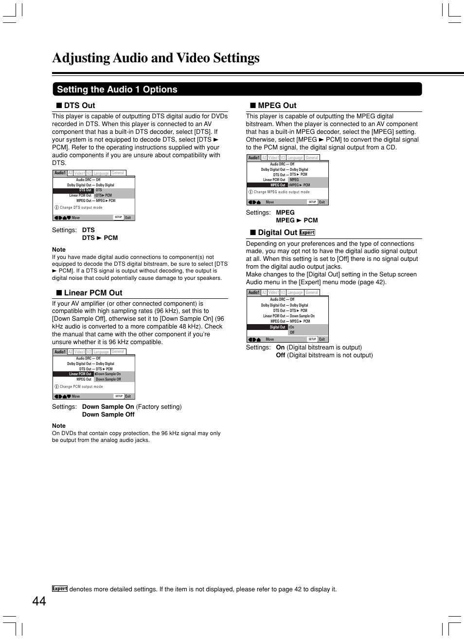 Adjusting audio and video settings, Setting the audio 1 options, Dts out | Mpeg out, Digital out, Linear pcm out | Integra DPS-7.3 User Manual | Page 44 / 64