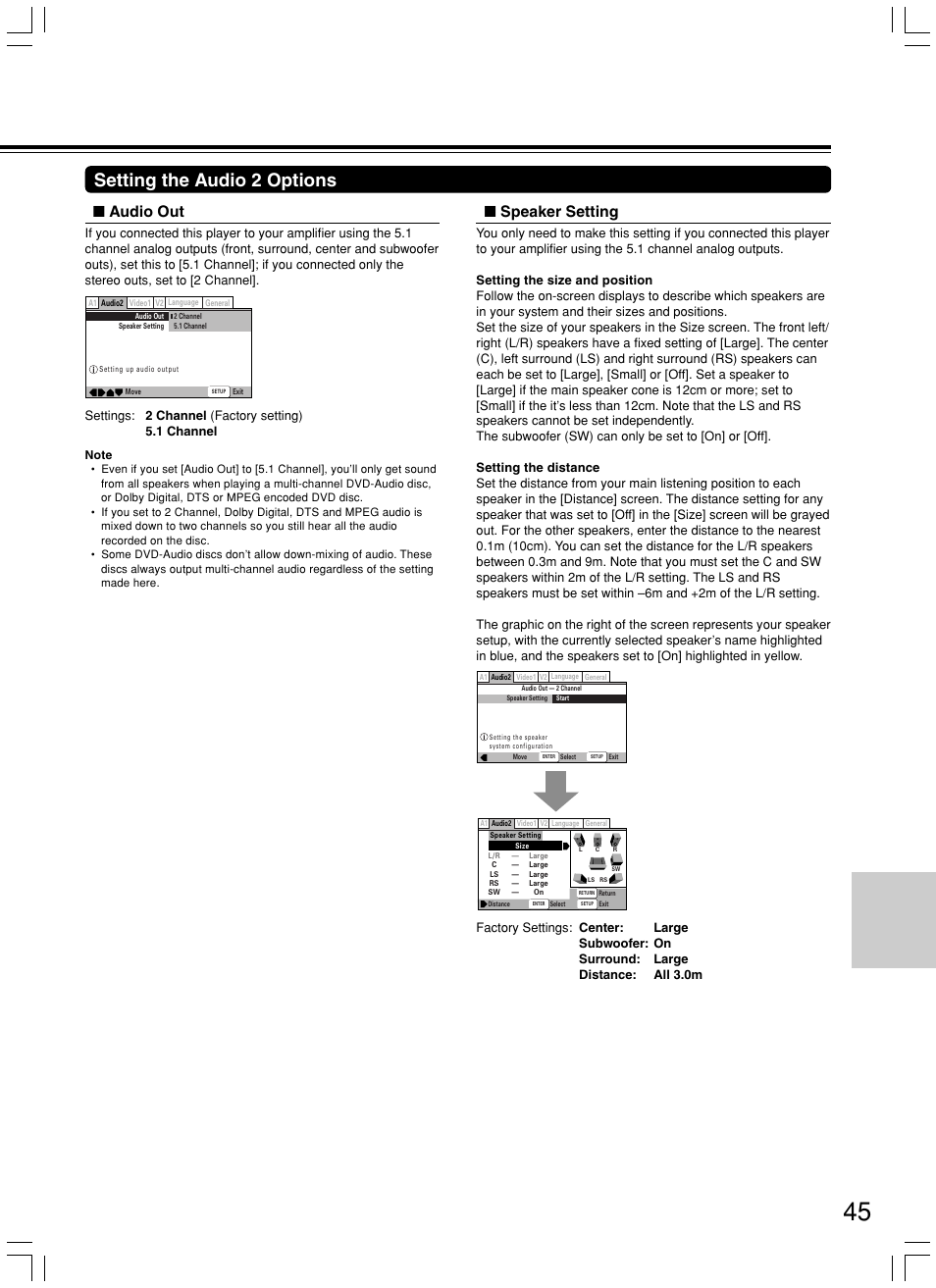 Setting the audio 2 options, Audio out, Speaker setting | Integra DPS-7.3 User Manual | Page 45 / 64