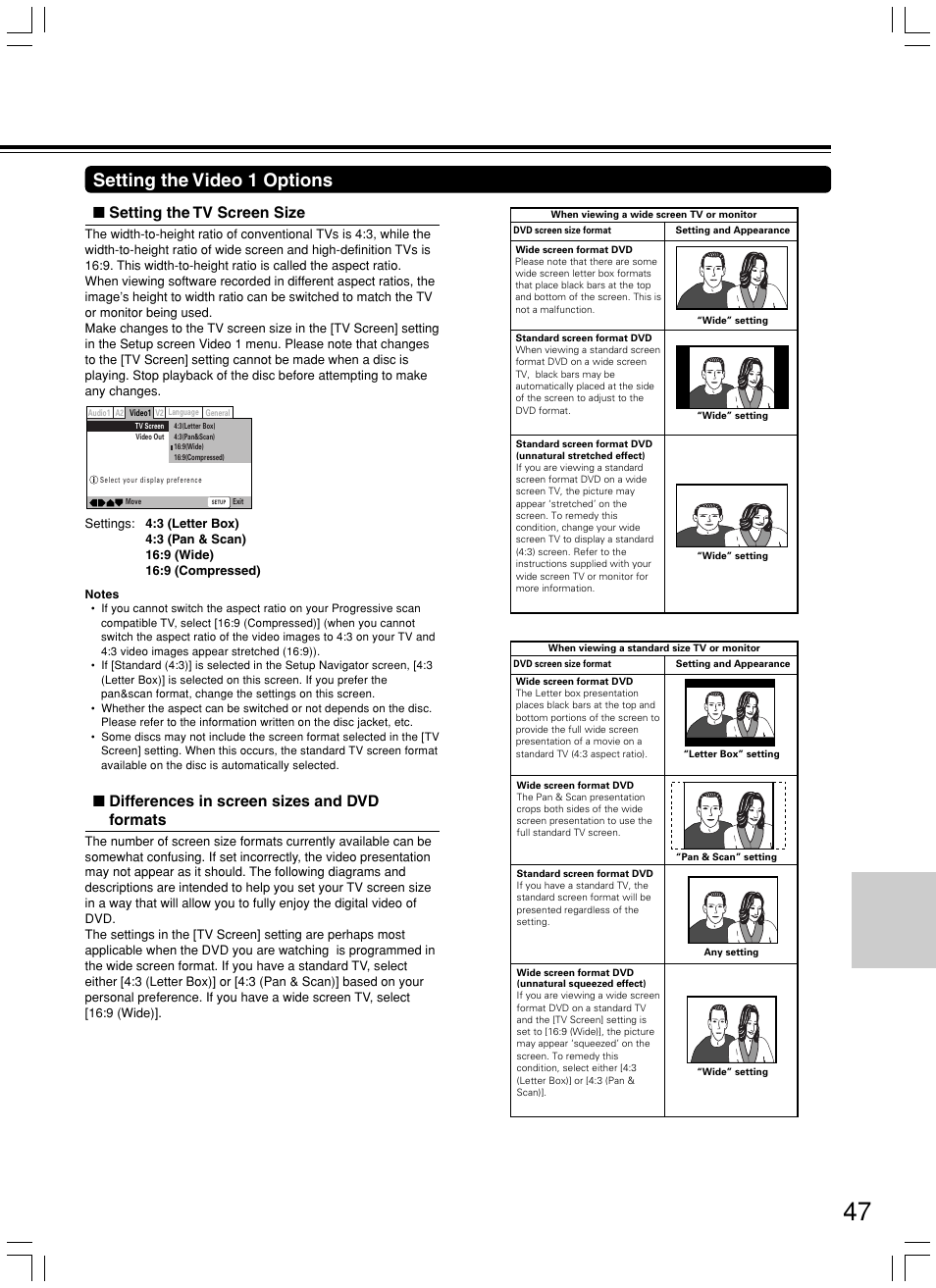 Setting the video 1 options, Setting the tv screen size, Differences in screen sizes and dvd formats | Integra DPS-7.3 User Manual | Page 47 / 64