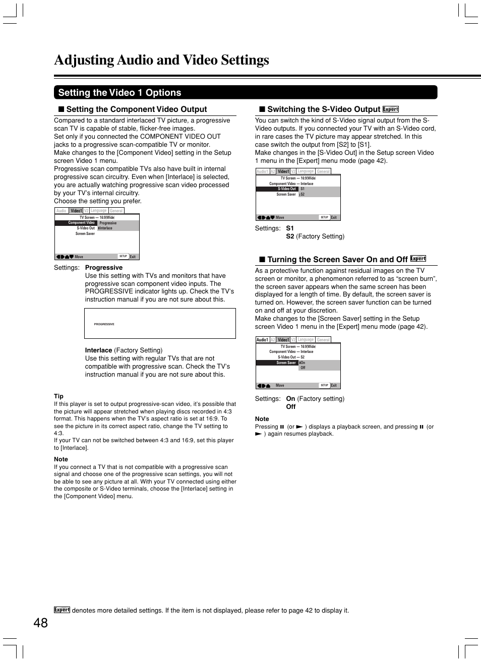 Adjusting audio and video settings, Setting the video 1 options, Switching the s-video output | Turning the screen saver on and off, Setting the component video output | Integra DPS-7.3 User Manual | Page 48 / 64