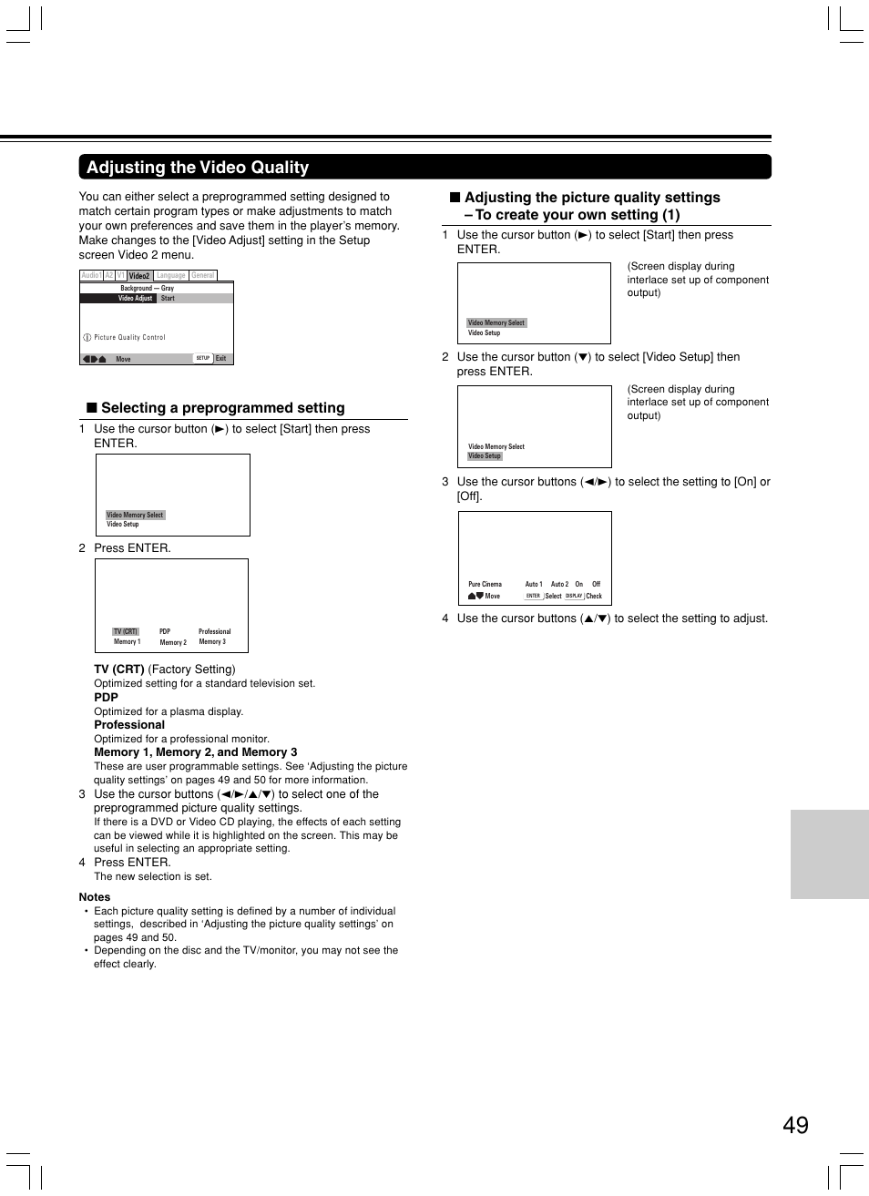 Adjusting the video quality, Selecting a preprogrammed setting | Integra DPS-7.3 User Manual | Page 49 / 64