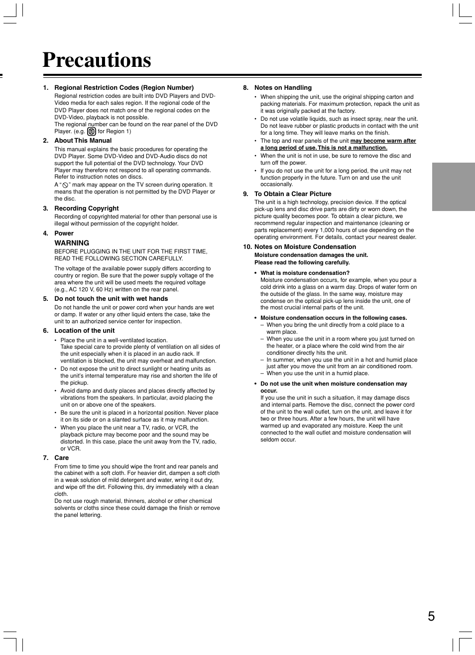 Precautions | Integra DPS-7.3 User Manual | Page 5 / 64