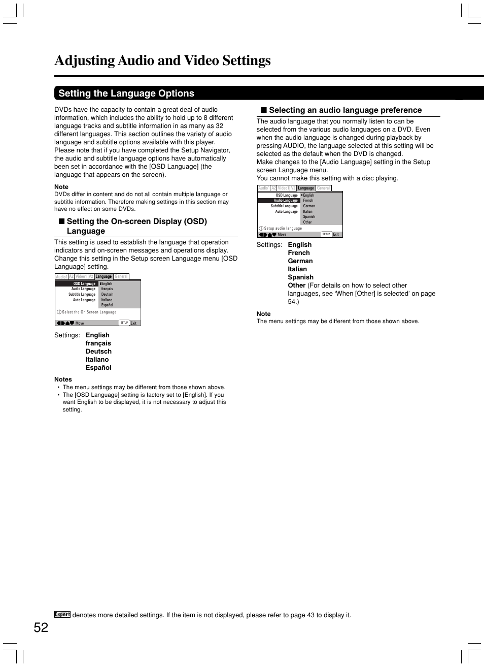 Adjusting audio and video settings, Setting the language options, Setting the on-screen display (osd) language | Selecting an audio language preference | Integra DPS-7.3 User Manual | Page 52 / 64