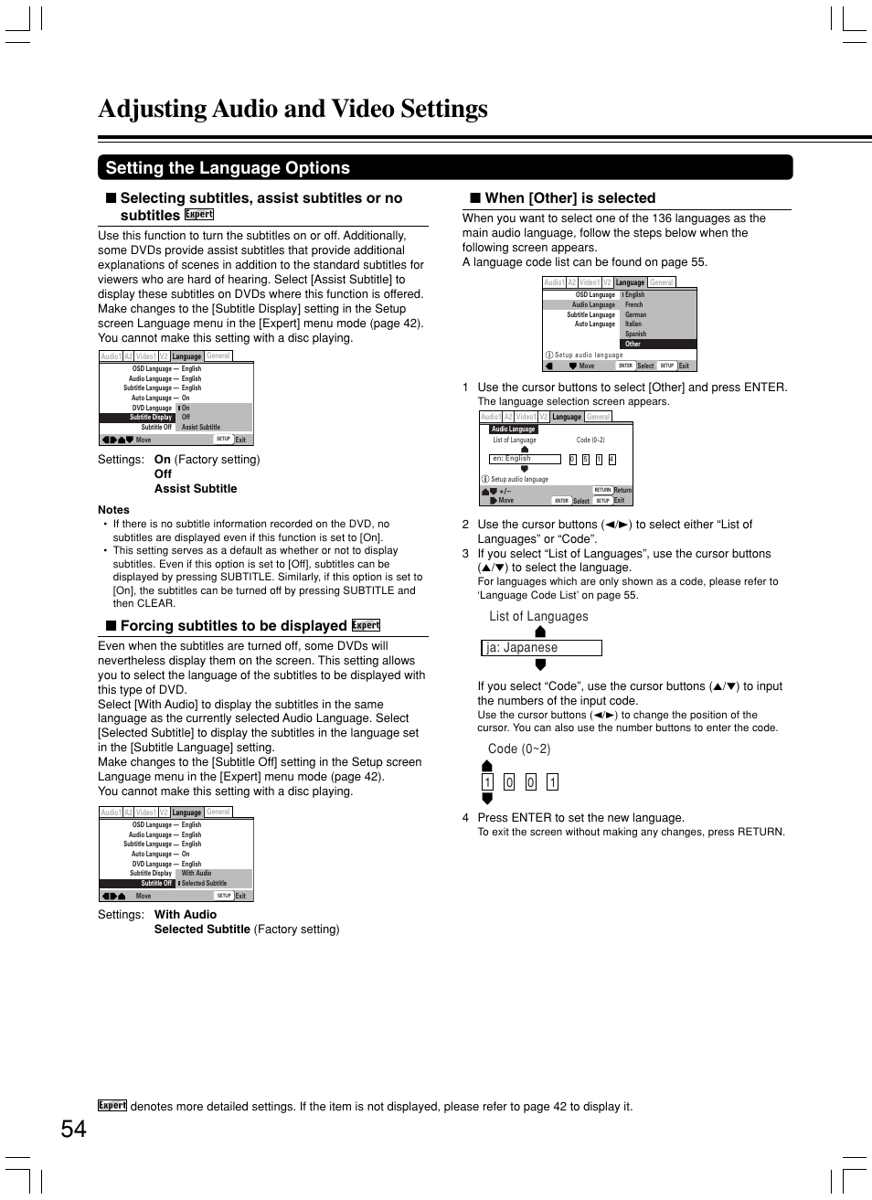 Adjusting audio and video settings, Setting the language options, When [other] is selected | Forcing subtitles to be displayed | Integra DPS-7.3 User Manual | Page 54 / 64