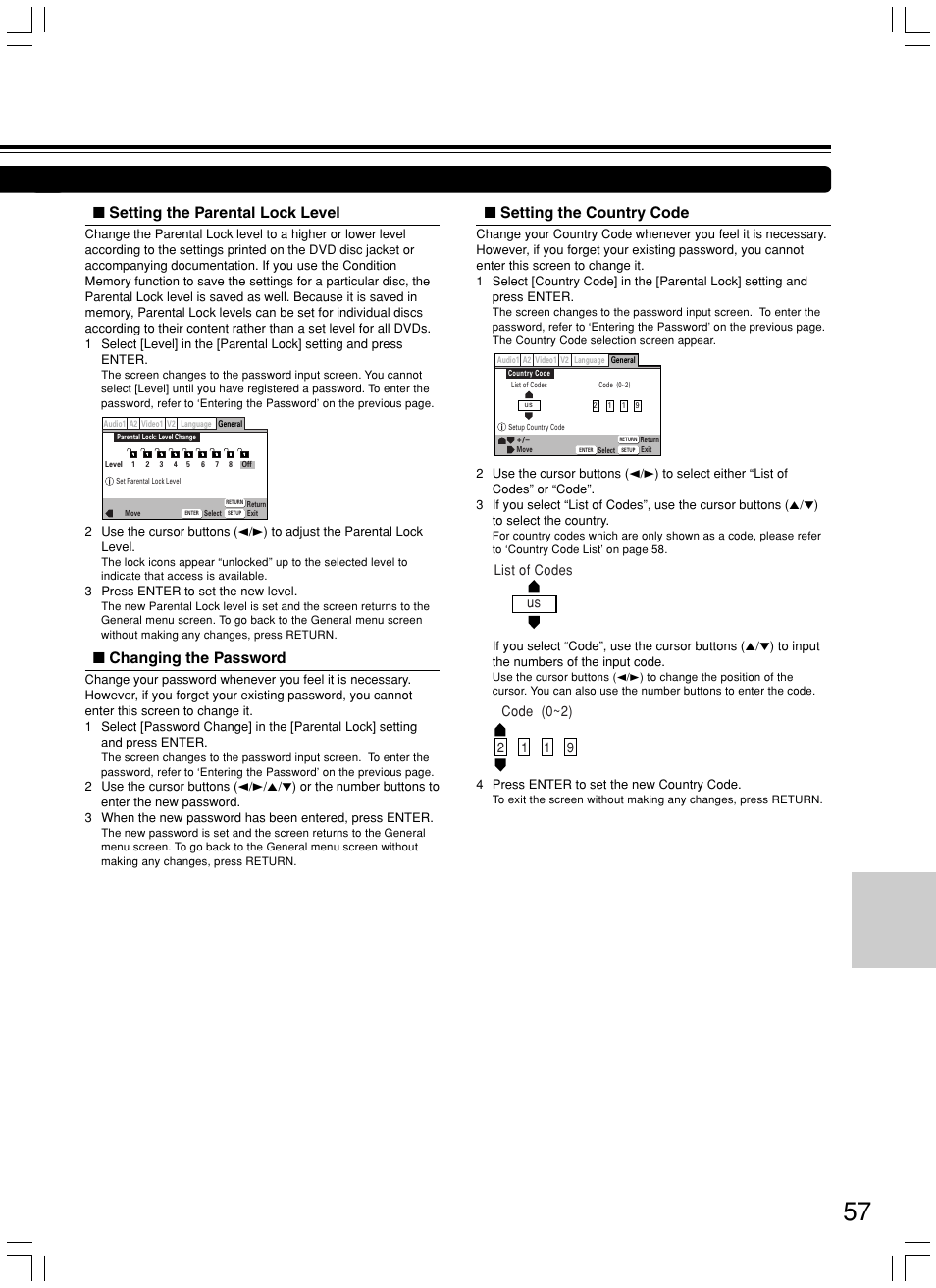 Setting the parental lock level, Changing the password, Setting the country code | Integra DPS-7.3 User Manual | Page 57 / 64
