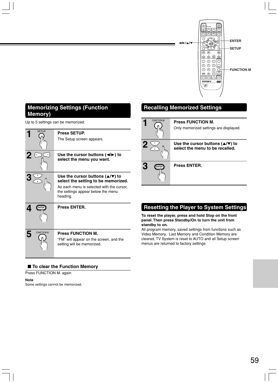 Resetting the player to system settings, Press setup, Press enter. press function m | Press function m, The setup screen appears, Press function m. again | Integra DPS-7.3 User Manual | Page 59 / 64