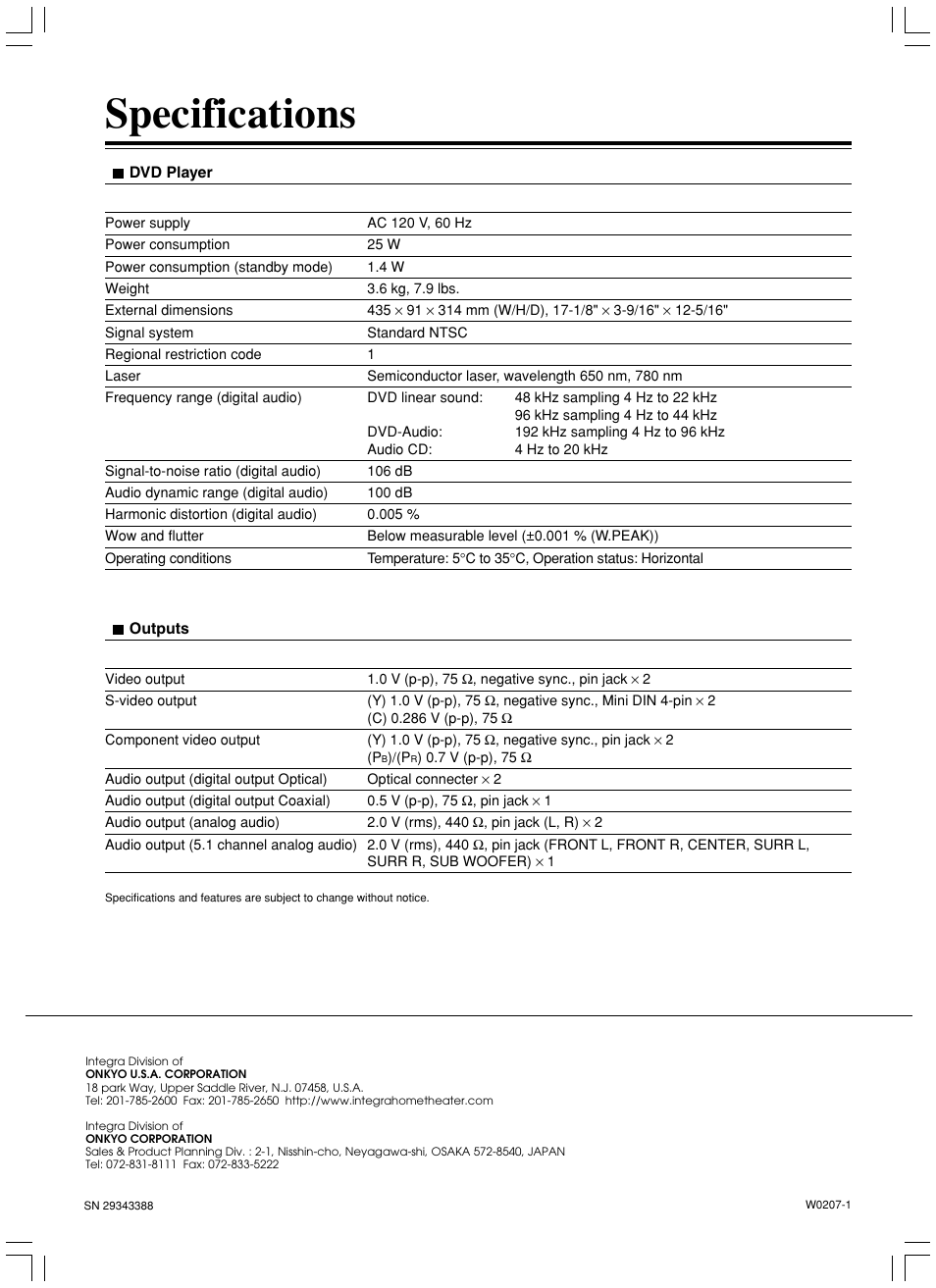 Specifications | Integra DPS-7.3 User Manual | Page 64 / 64