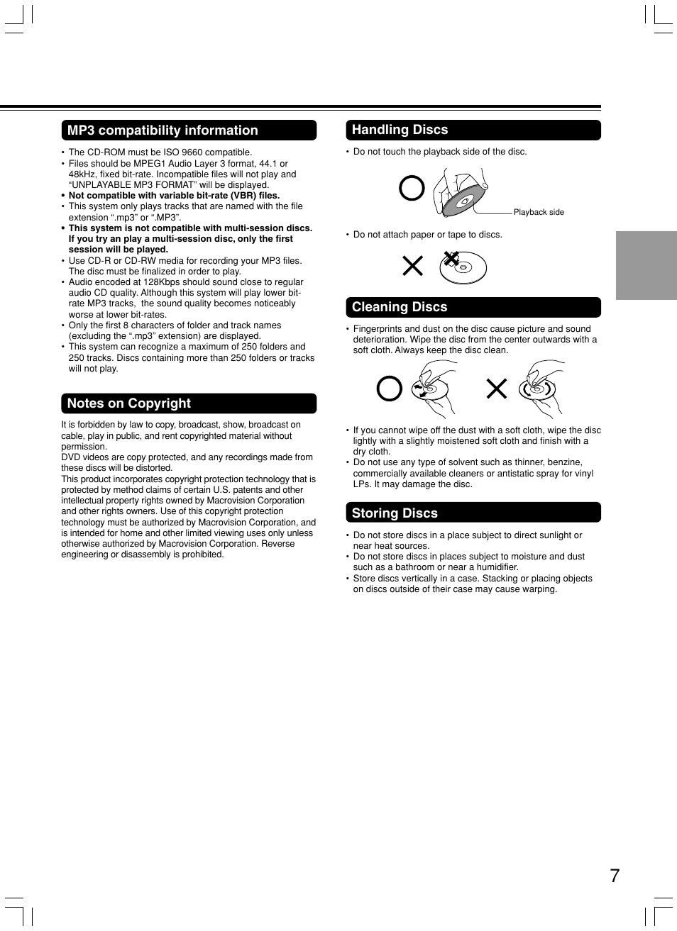 Cleaning discs, Storing discs, Handling discs | Mp3 compatibility information | Integra DPS-7.3 User Manual | Page 7 / 64