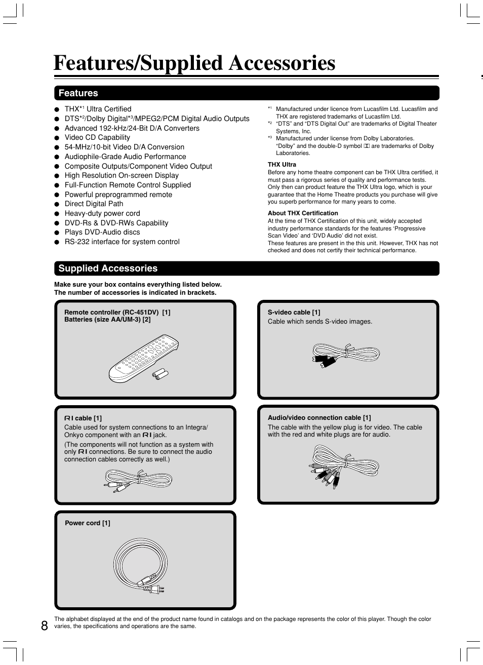Features/supplied accessories, Supplied accessories, Features | Integra DPS-7.3 User Manual | Page 8 / 64
