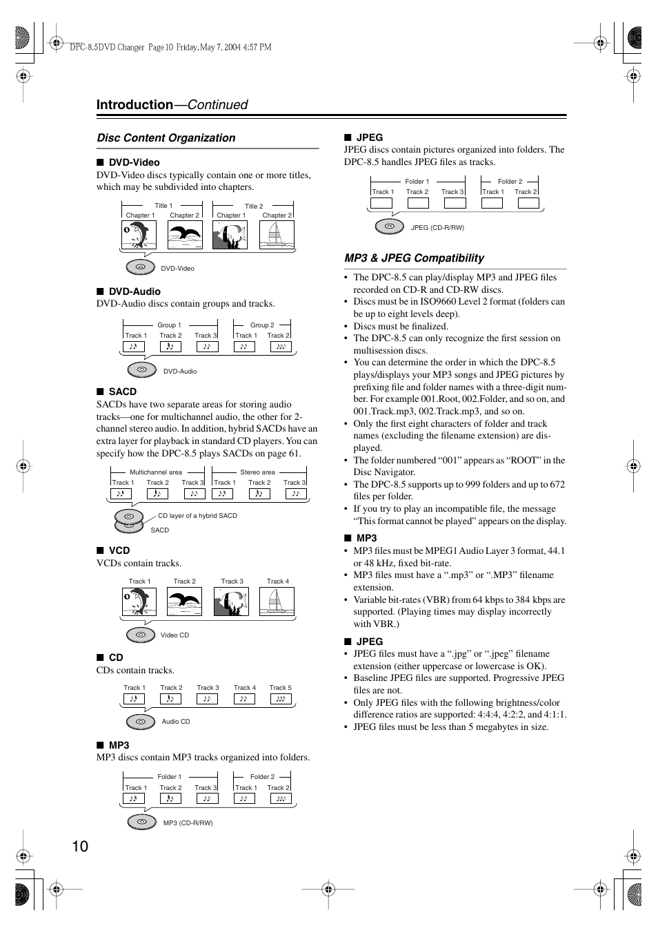 Introduction —continued, Disc content organization, Mp3 & jpeg compatibility | Integra DPC-8.5 User Manual | Page 10 / 68