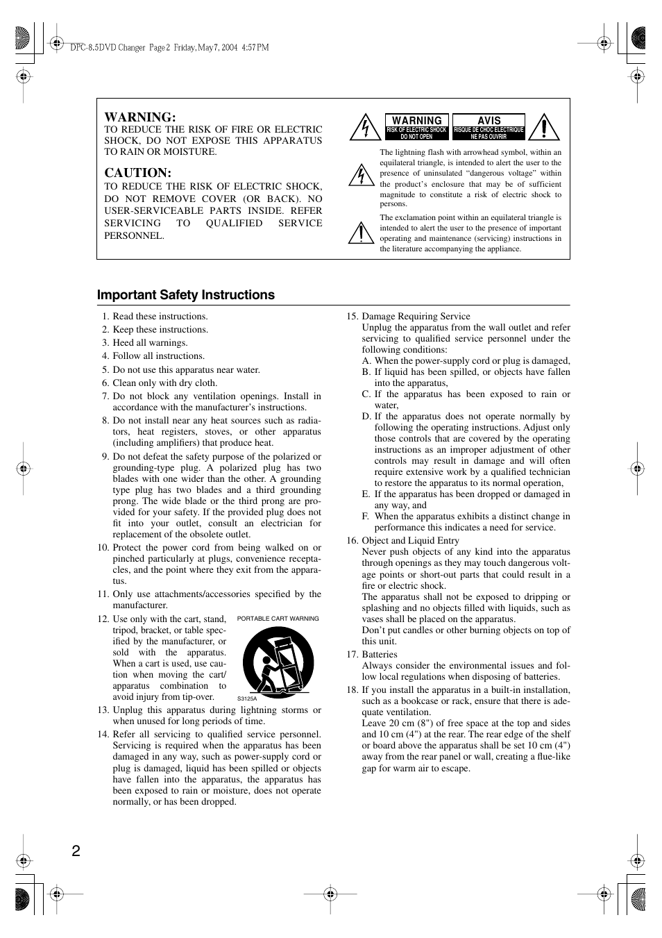 Important safety instructions, Warning, Caution | Integra DPC-8.5 User Manual | Page 2 / 68