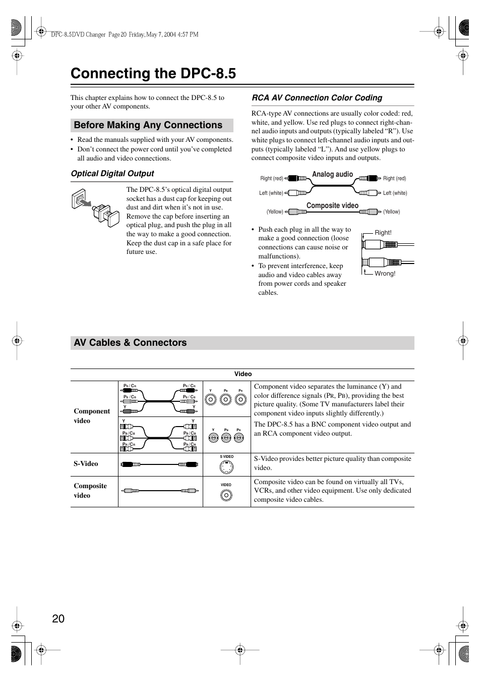 Connecting the dpc-8.5, Before making any connections, Av cables & connectors | Optical digital output, Rca av connection color coding, Analog audio, Composite video | Integra DPC-8.5 User Manual | Page 20 / 68