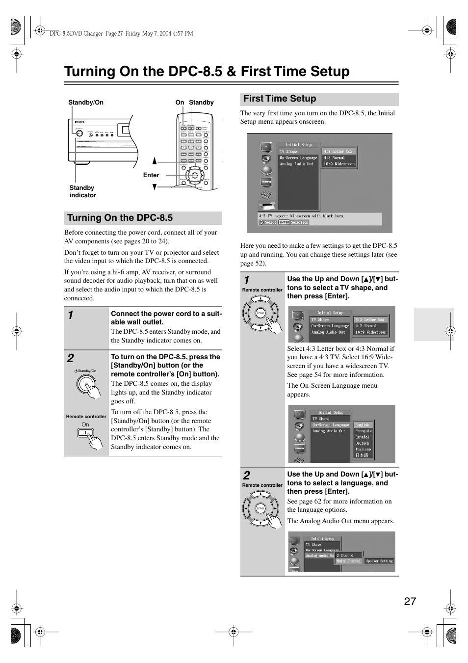 Turning on the dpc-8.5 & first time setup, Turning on the dpc-8.5, First time setup | Integra DPC-8.5 User Manual | Page 27 / 68