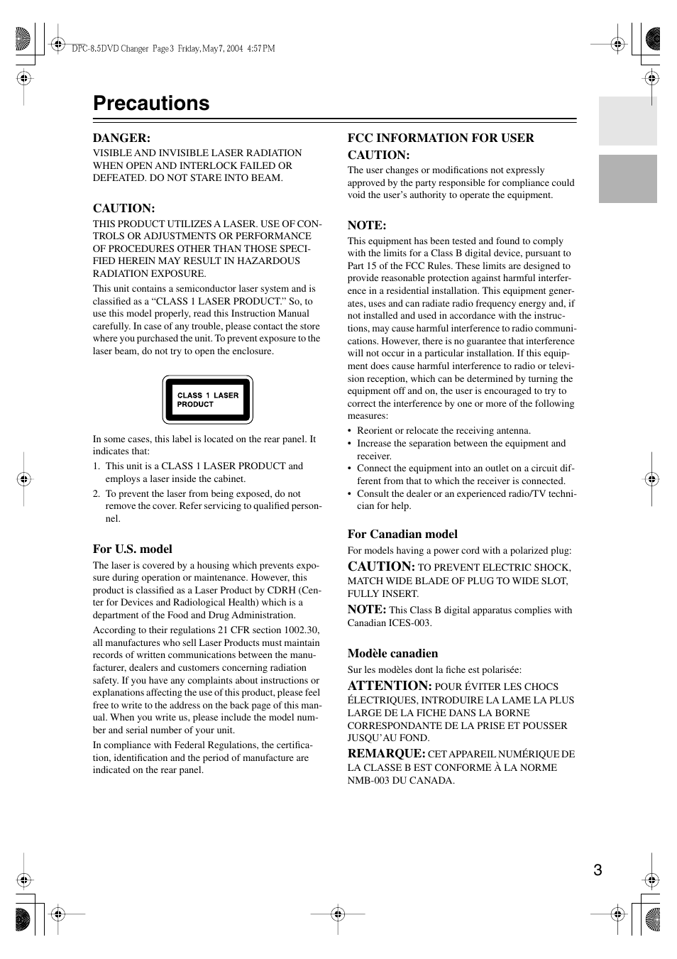 Precautions | Integra DPC-8.5 User Manual | Page 3 / 68