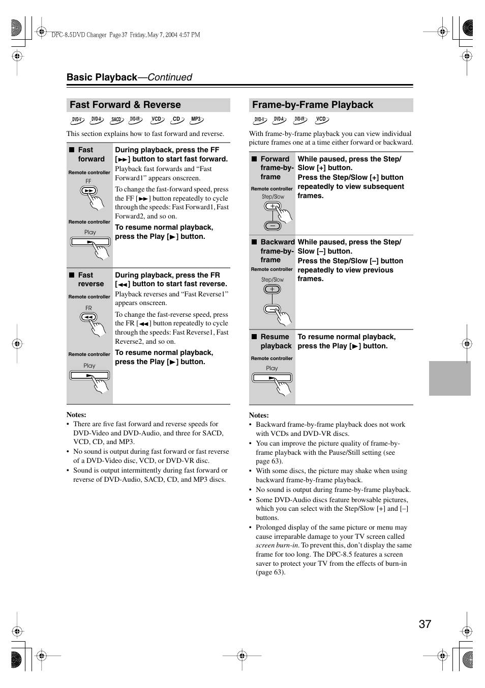 Basic playback —continued, Fast forward & reverse, Frame-by-frame playback | Integra DPC-8.5 User Manual | Page 37 / 68
