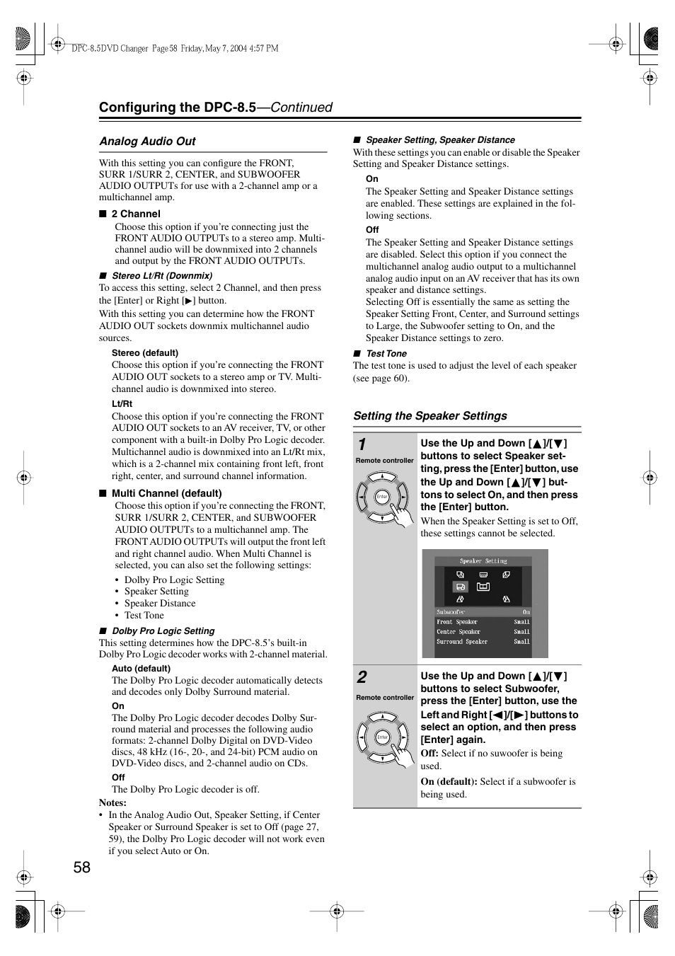 Configuring the dpc-8.5 —continued | Integra DPC-8.5 User Manual | Page 58 / 68