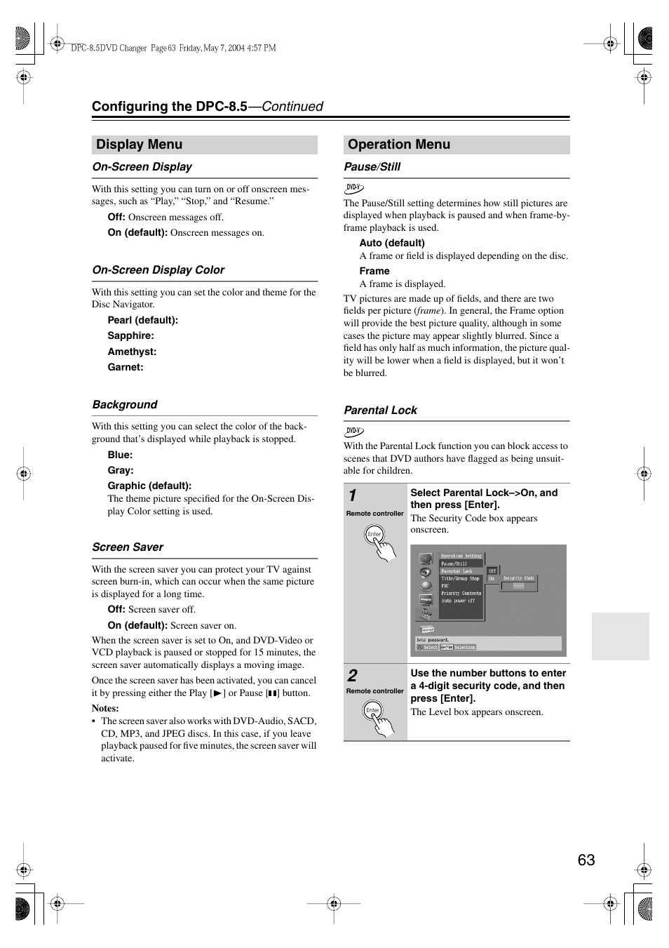 Configuring the dpc-8.5 —continued, Display menu operation menu | Integra DPC-8.5 User Manual | Page 63 / 68