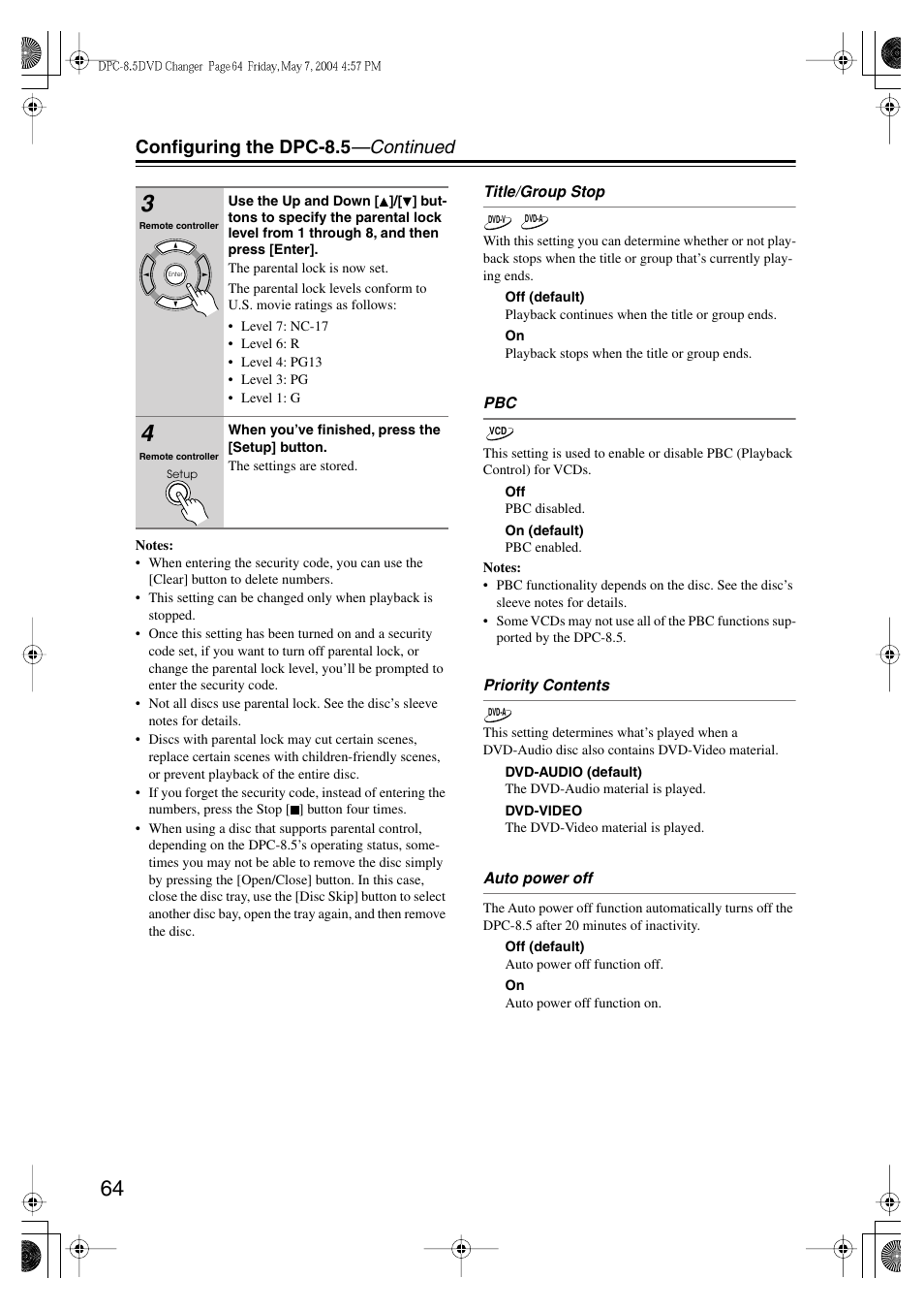 Configuring the dpc-8.5 —continued | Integra DPC-8.5 User Manual | Page 64 / 68