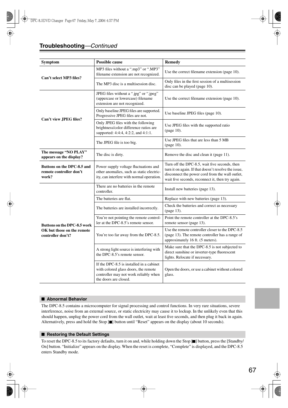 Troubleshooting —continued | Integra DPC-8.5 User Manual | Page 67 / 68