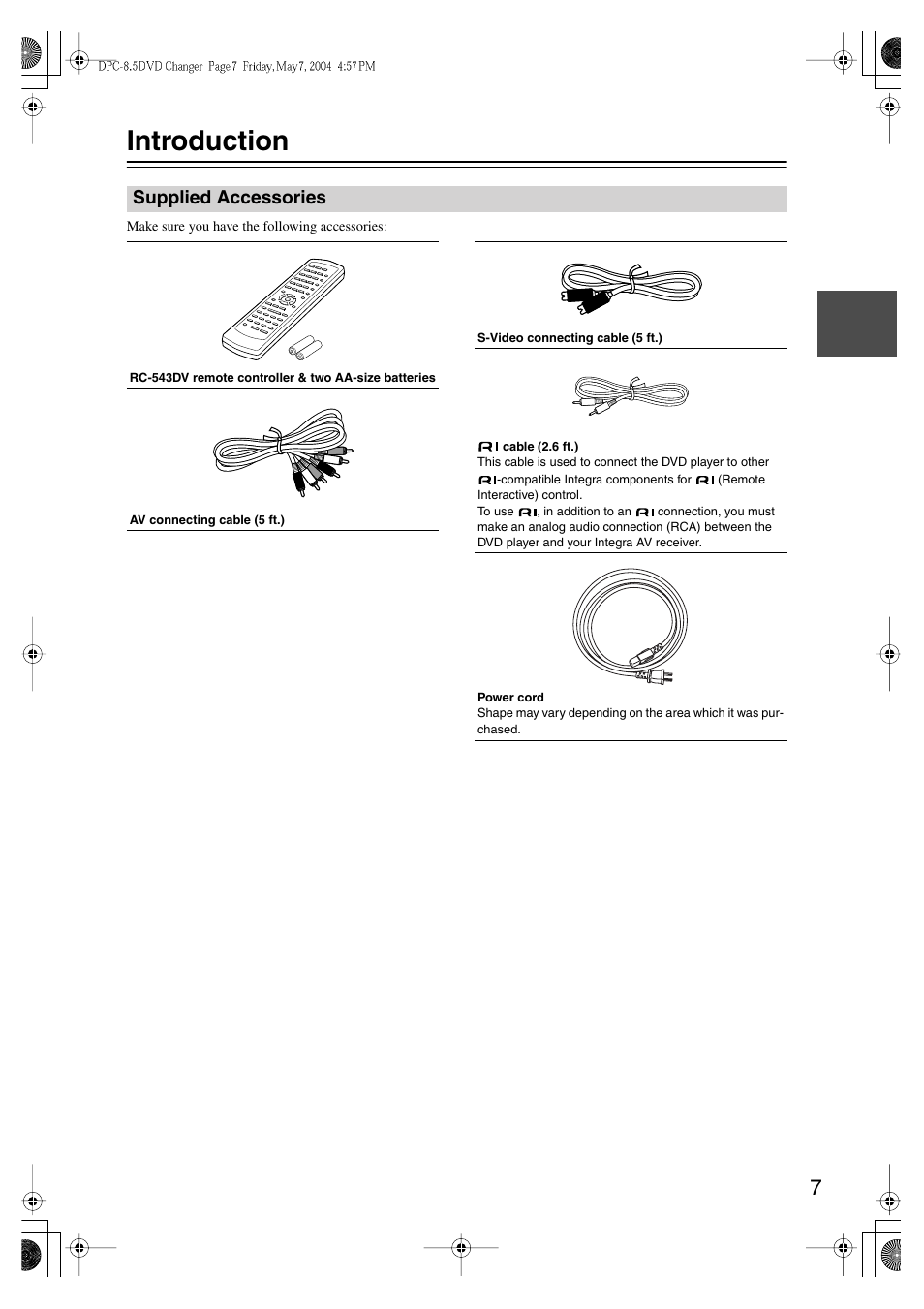 Introduction, Supplied accessories | Integra DPC-8.5 User Manual | Page 7 / 68